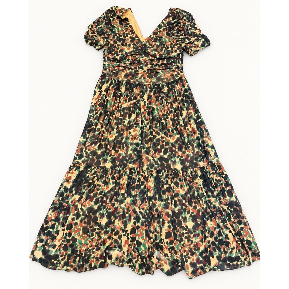 Nicole Miller New York Ruched Puff Sleeve Tiered Dress S Multicolor
